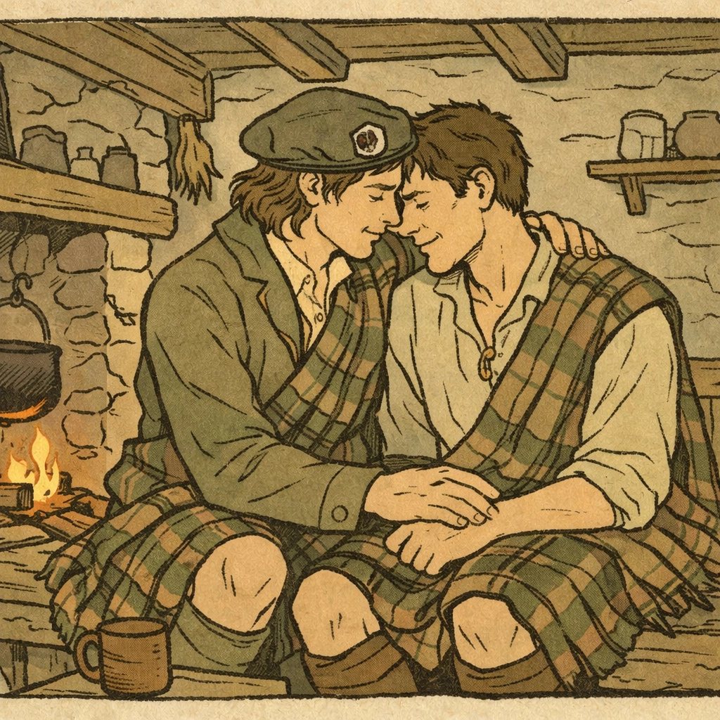 MM Highland romance in stone cottage by firelight in 18th century Scotland