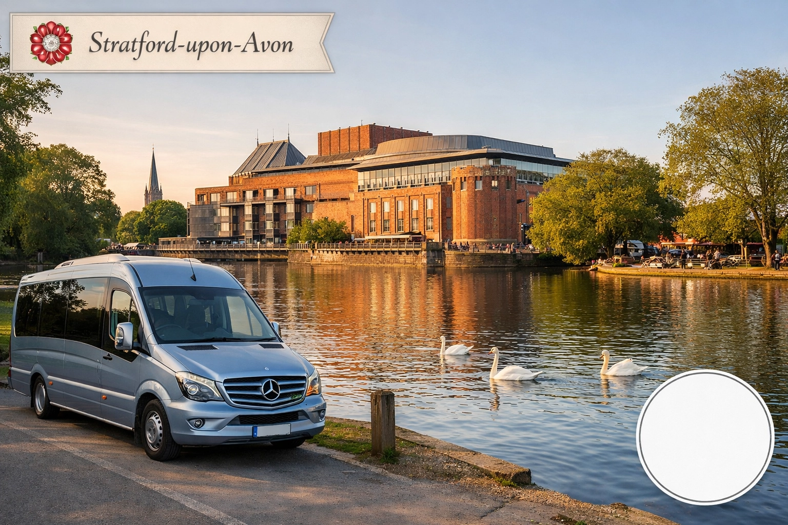 Shakespeare Coaches tour bus by the River Avon and the Royal Shakespeare Theatre in Stratford.
