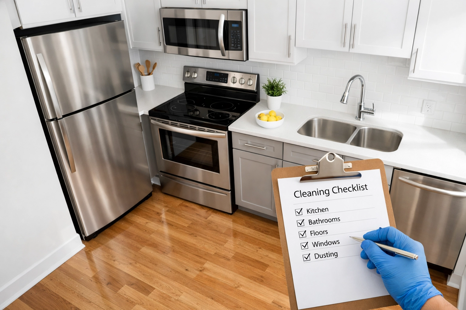 Spotless apartment kitchen after professional turnover cleaning with checklist