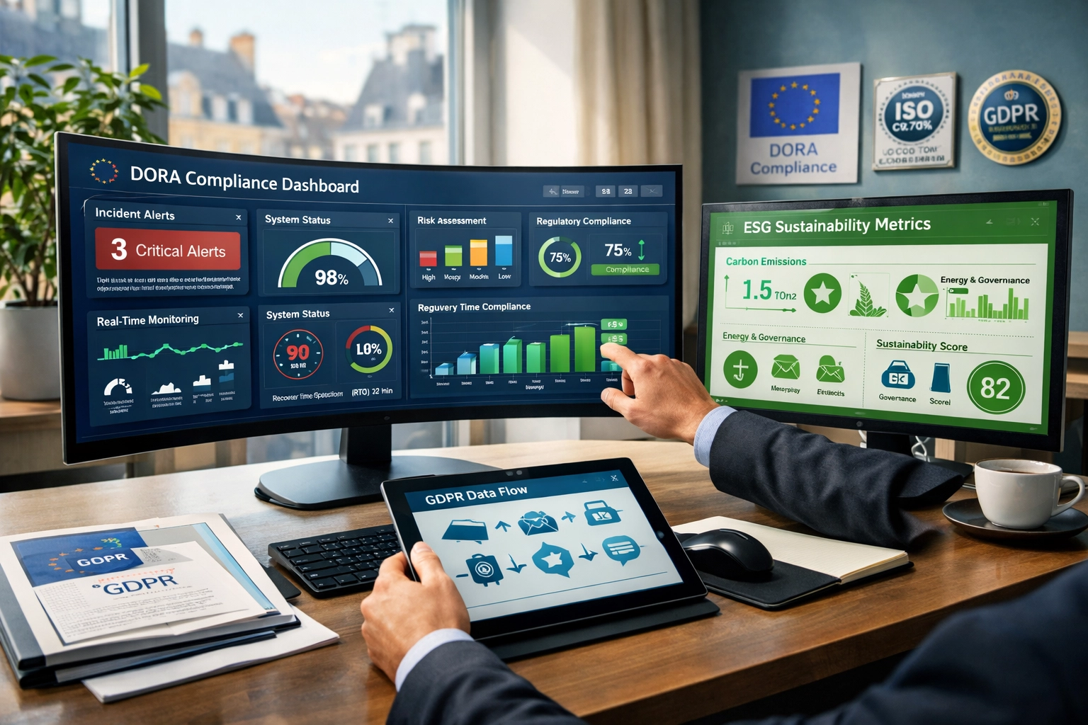 DORA compliance dashboard for ServiceNow ITOM with ESG and GDPR monitoring interface