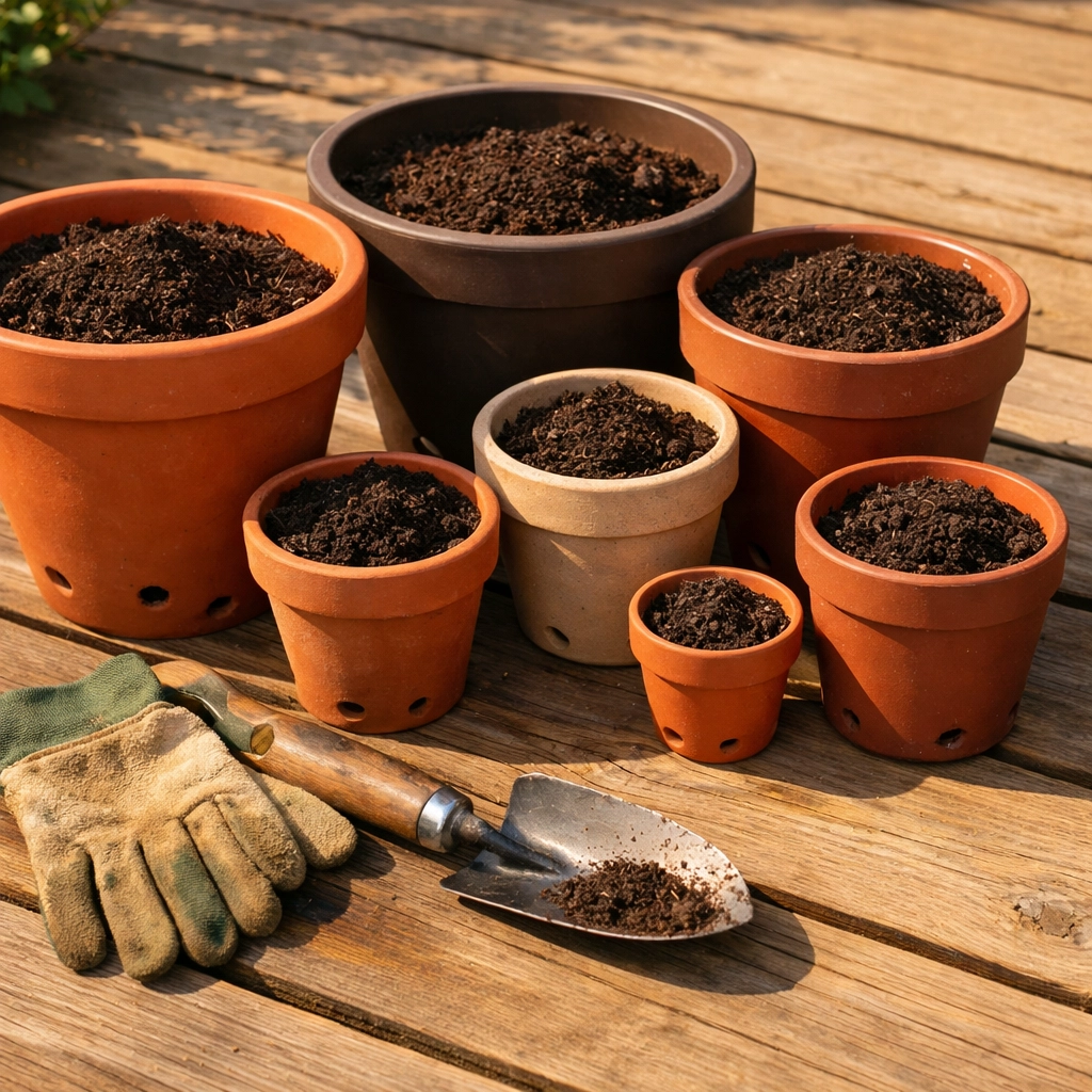 Various sized containers filled with potting soil on patio for growing bell peppers