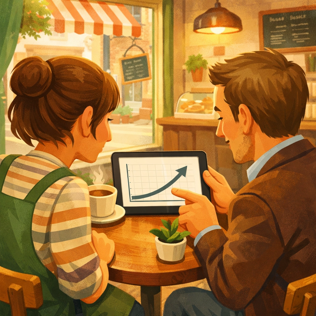 Business owner and consultant reviewing a successful lead conversion growth chart in a cafe.
