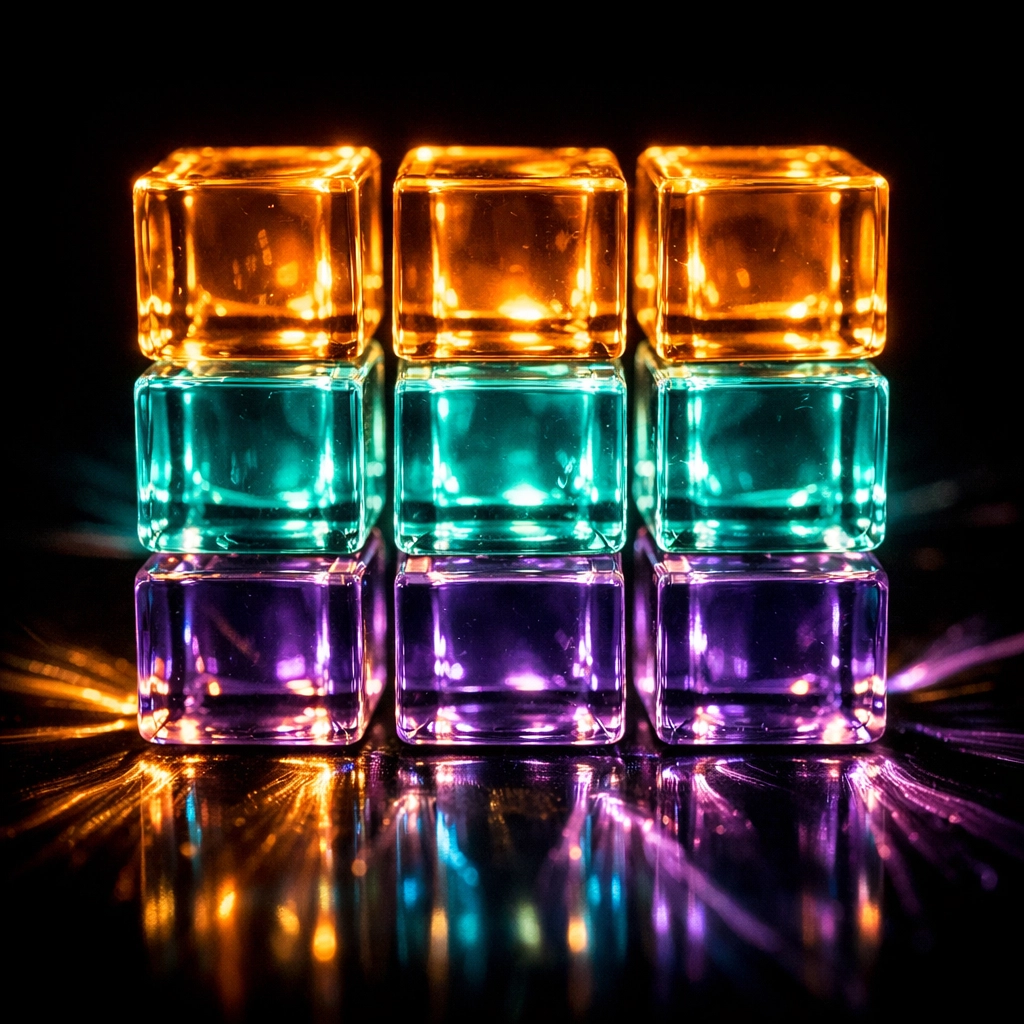 A 3x3 grid of glowing cubes representing the 3-3-3 hashtag strategy for TikTok search optimization.