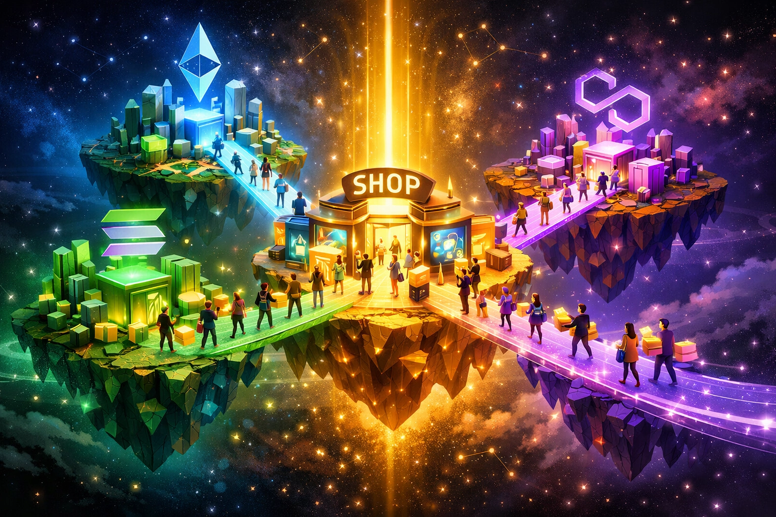 Larecoin.ai multi-chain commerce hub connecting Solana, Ethereum, and Polygon for seamless metaverse retail.