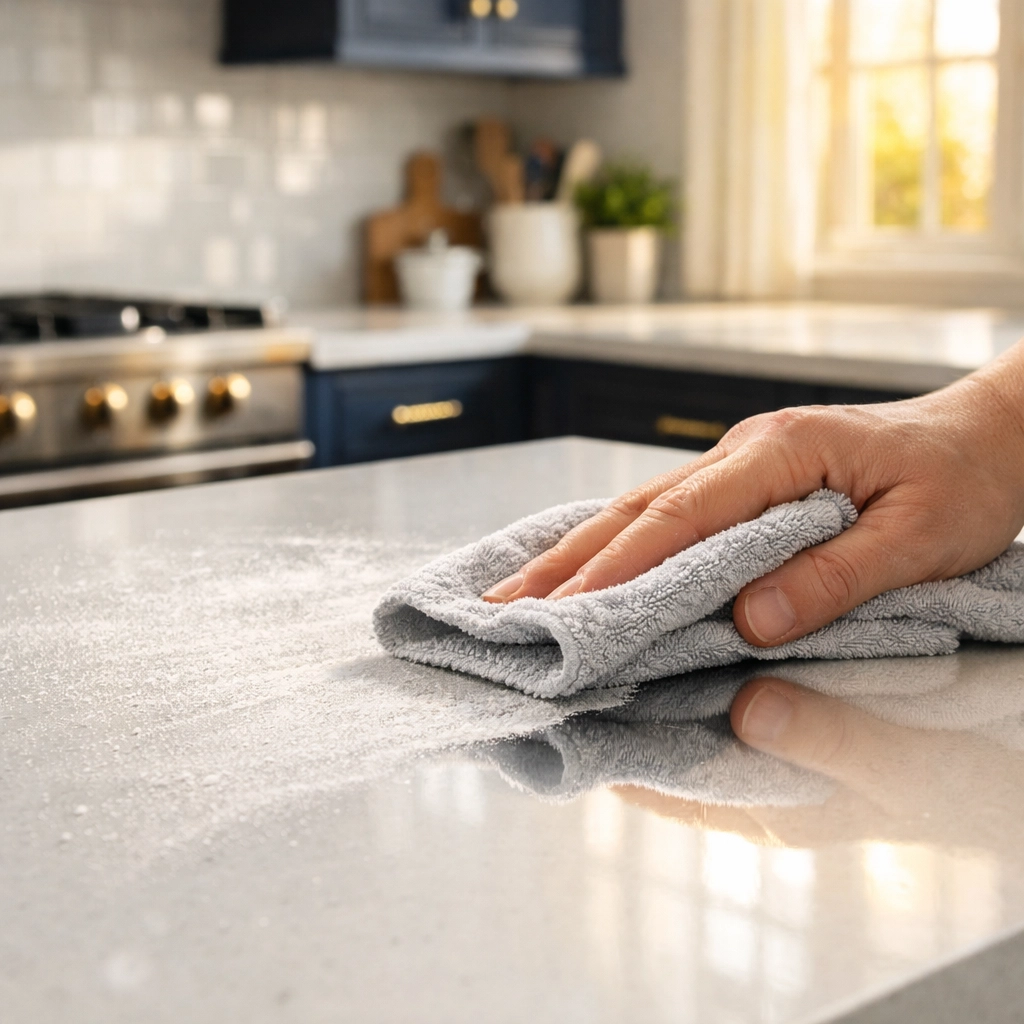Microfiber cloth removing dust from a new kitchen counter during post construction cleaning in Maynard.