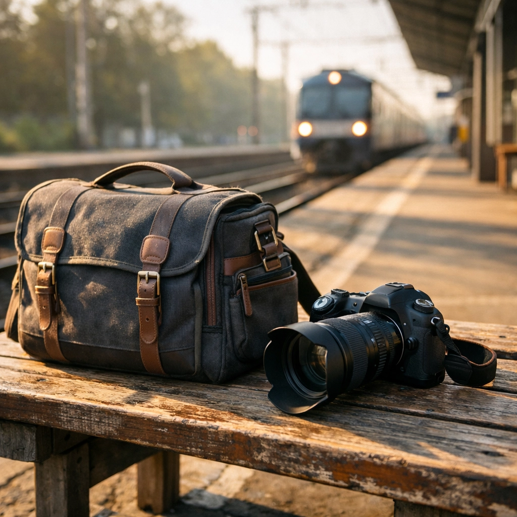 Professional camera gear at a train station, representing the start of a new photography career journey.