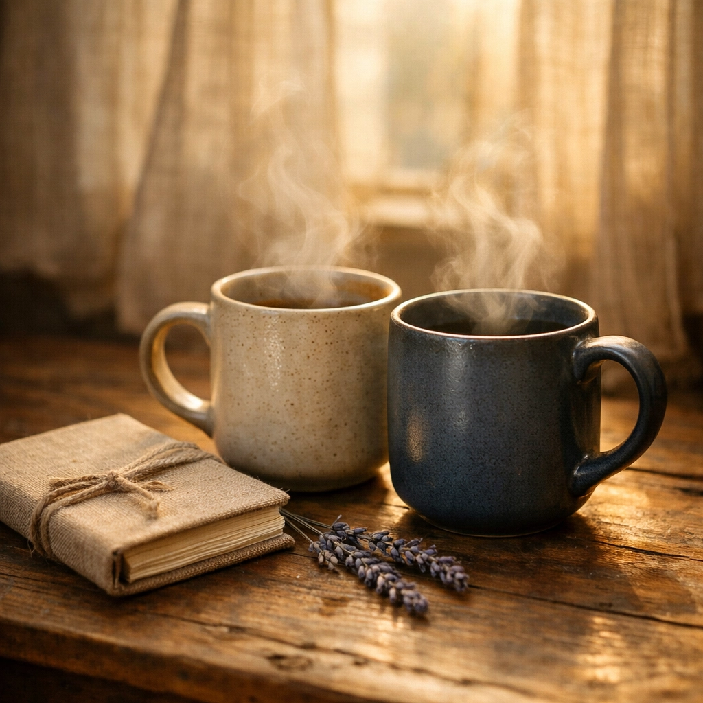 Two tea mugs and a journal symbolizing gentle emotional support and postpartum recovery in Toronto.