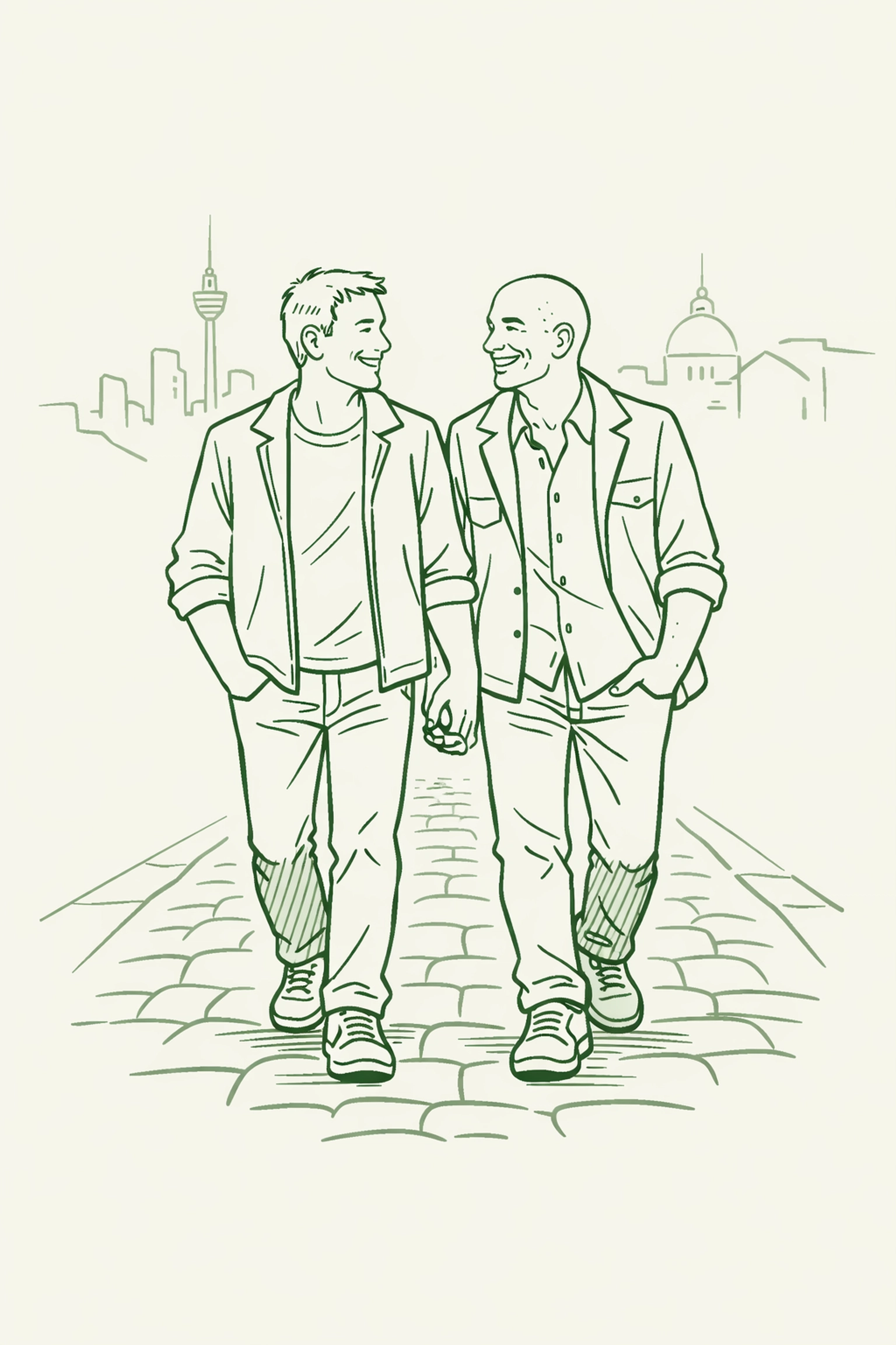 A gay couple in their 40s walking together, representing a journey of authenticity and discovery.