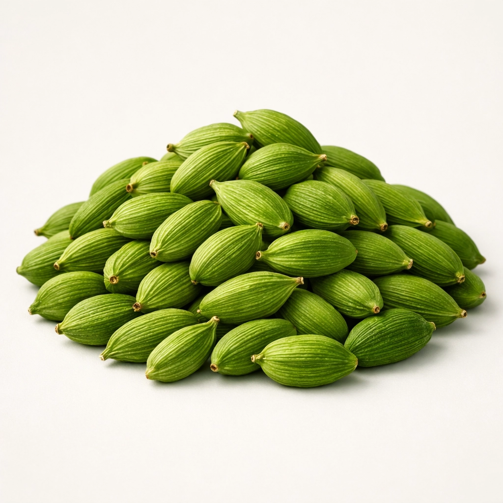 Premium Alleppey Green Bold cardamom pods from Kerala, showcasing the best quality spice online.