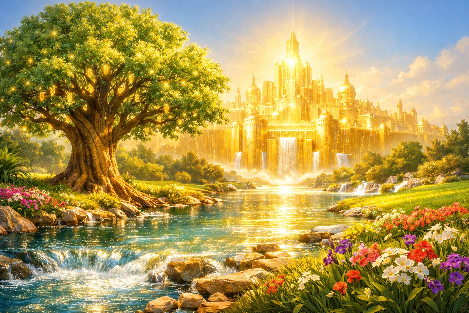 Radiant golden city of New Jerusalem with the crystal-clear river and the Tree of Life in the New Earth.