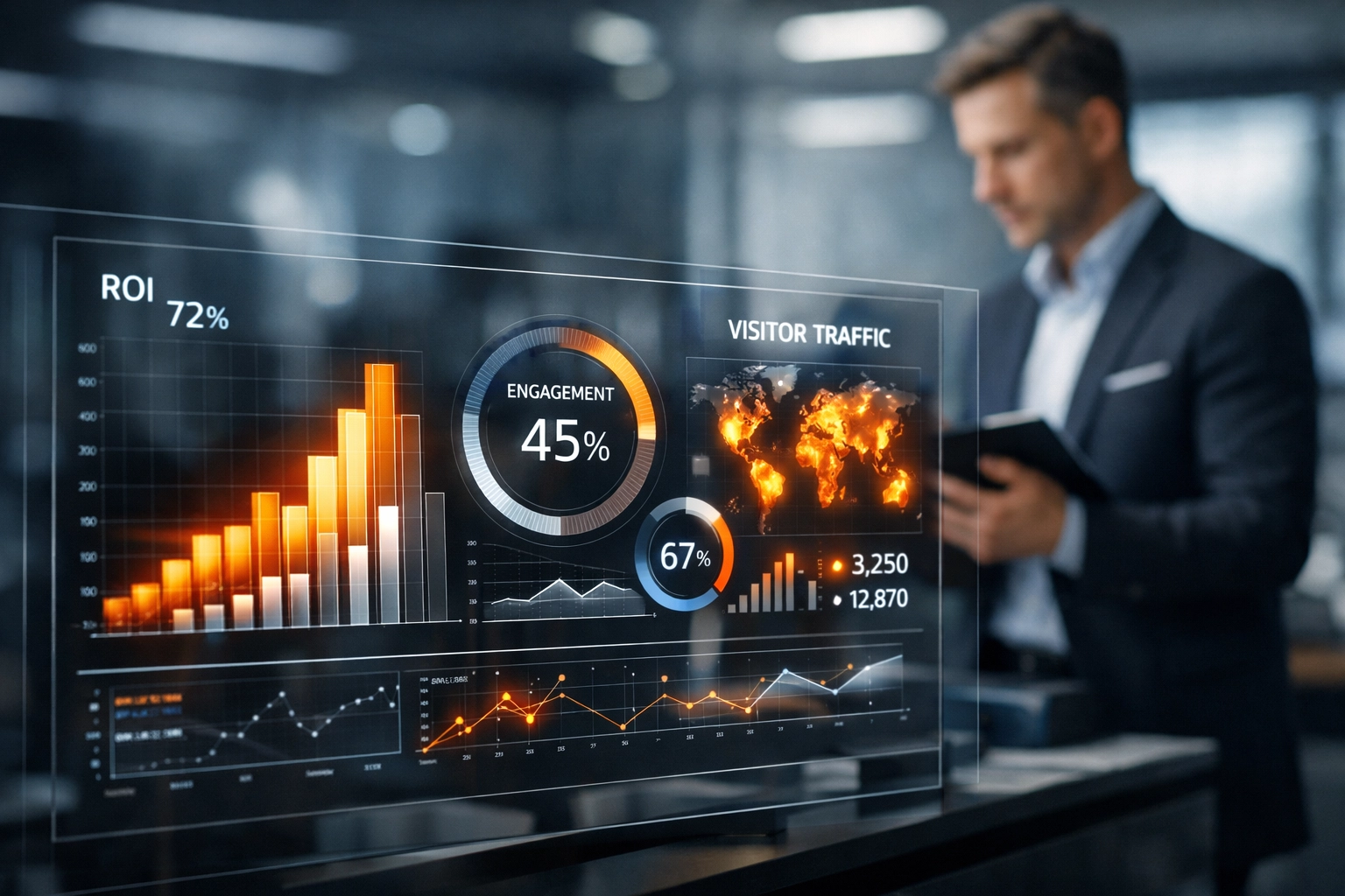 Marketing professional analyzing data visualizations and analytics to optimize a zoo's digital marketing strategy.
