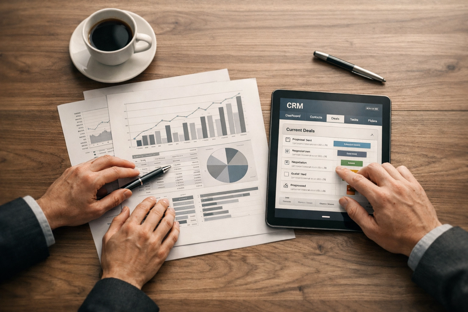 Collaborative financial advisor support team reviewing client documents and CRM data together