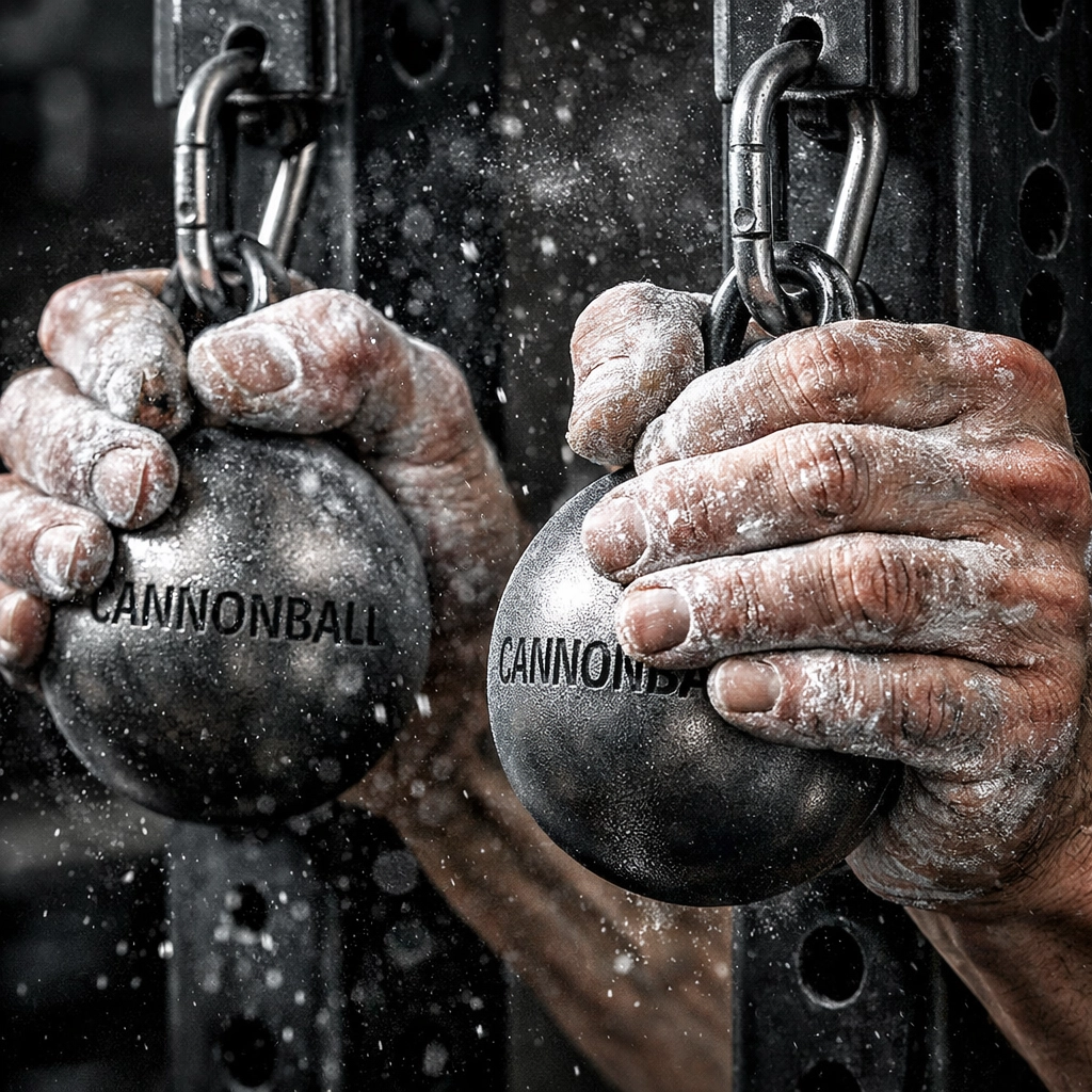 Close-up of chalked hands using cannonball pull-up attachments on a versatile home gym resistance rail.