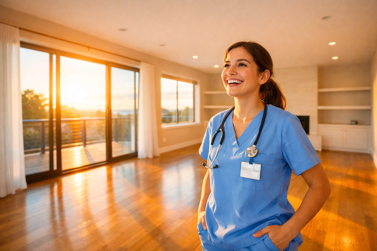 Young medical resident in scrubs standing in a bright living room of her new home.