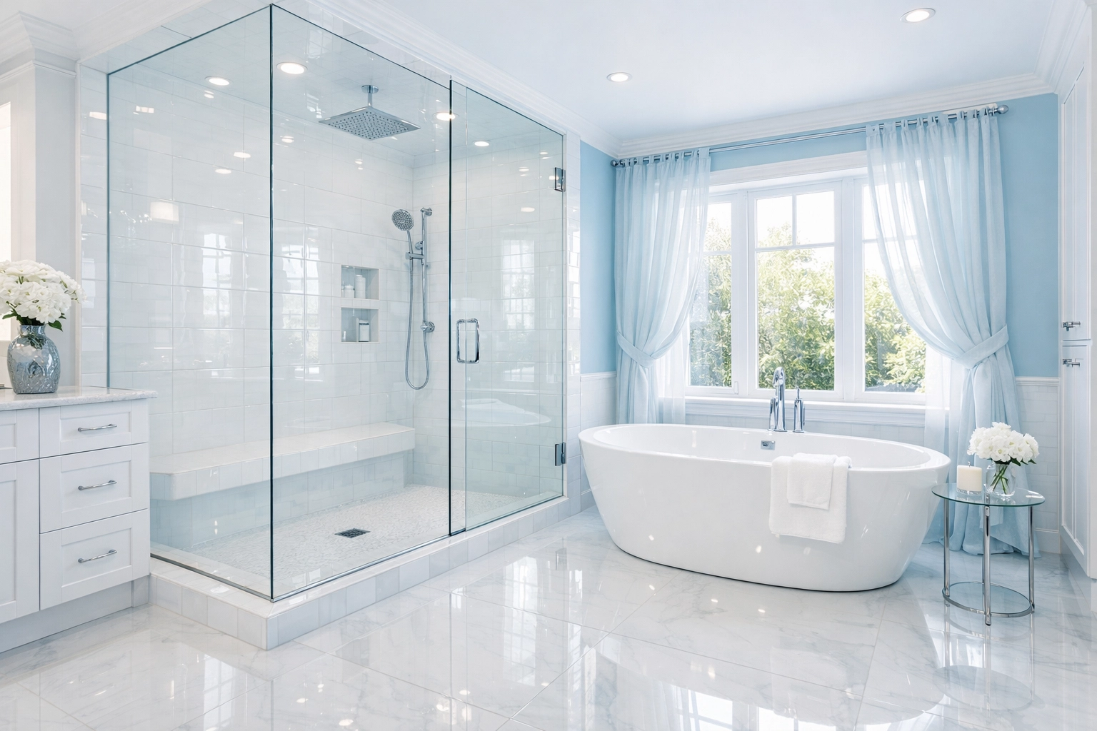 Sparkling clean luxury master bathroom in Shrewsbury with a glass shower and white tiles.