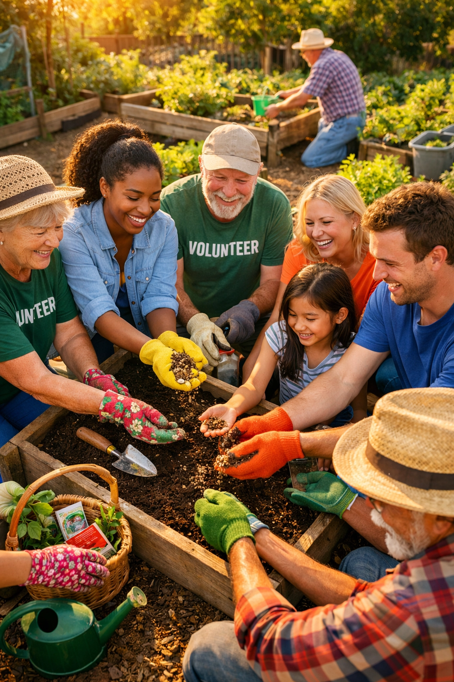 Volunteers working together in community garden turning news anxiety into positive action