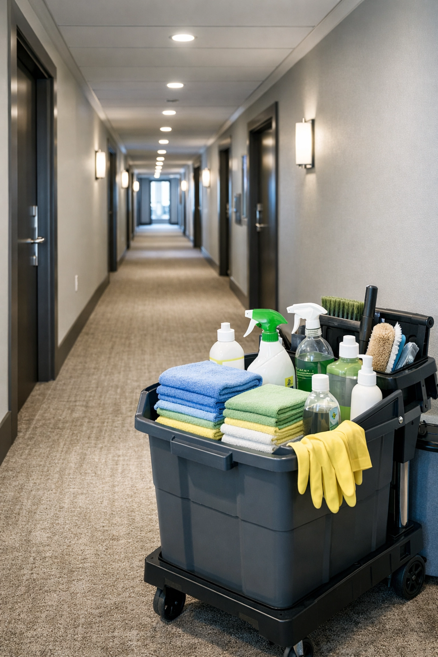 Immaculate residential hallway in a Detroit multifamily complex with professional cleaning equipment on site.