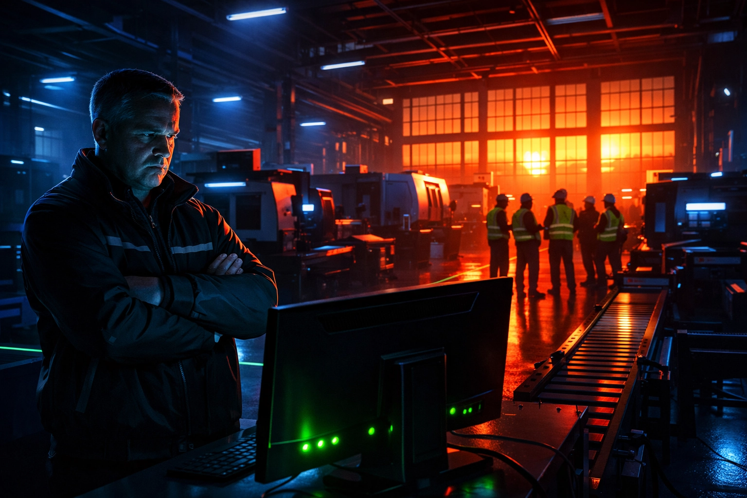 Nebraska manufacturing floor during costly IT downtime with idle production lines and frustrated workers