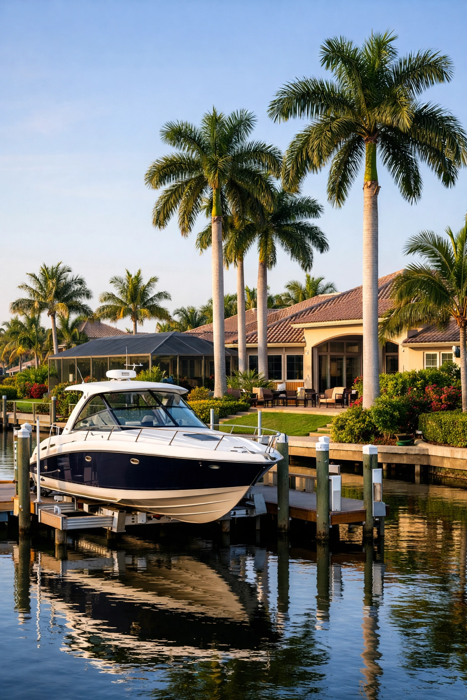 Established SWFL waterfront homes in Southeast Cape Coral with private boat docks and palm trees.