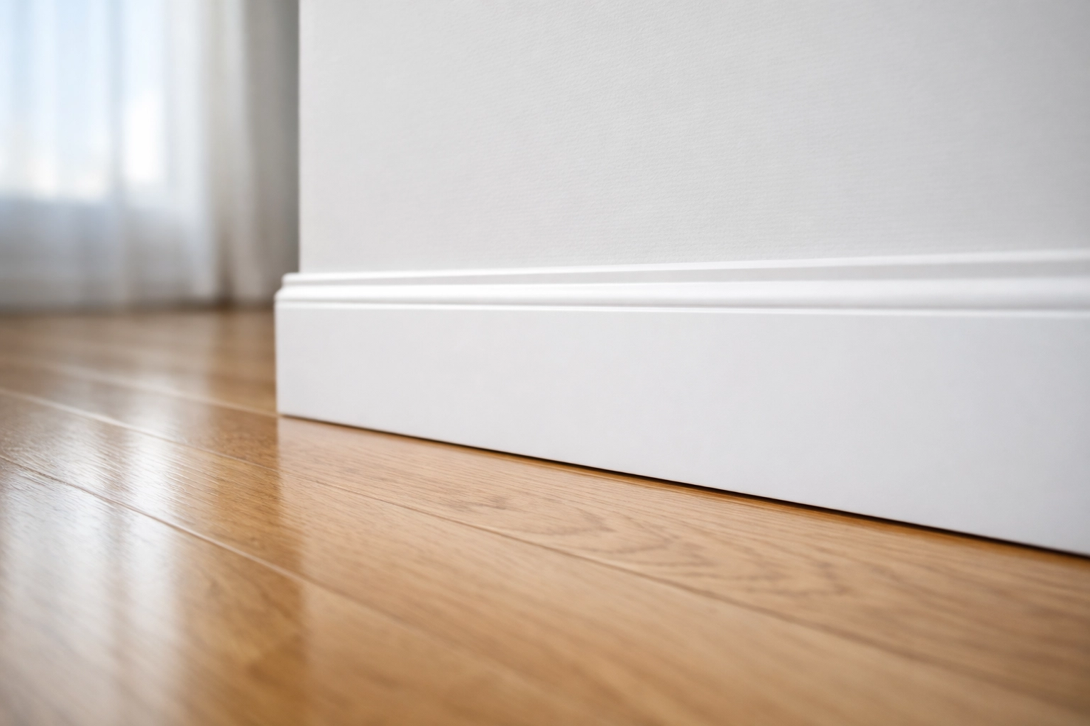 Pristine white baseboards and clean wood floors in a modern Indianapolis apartment turnover.