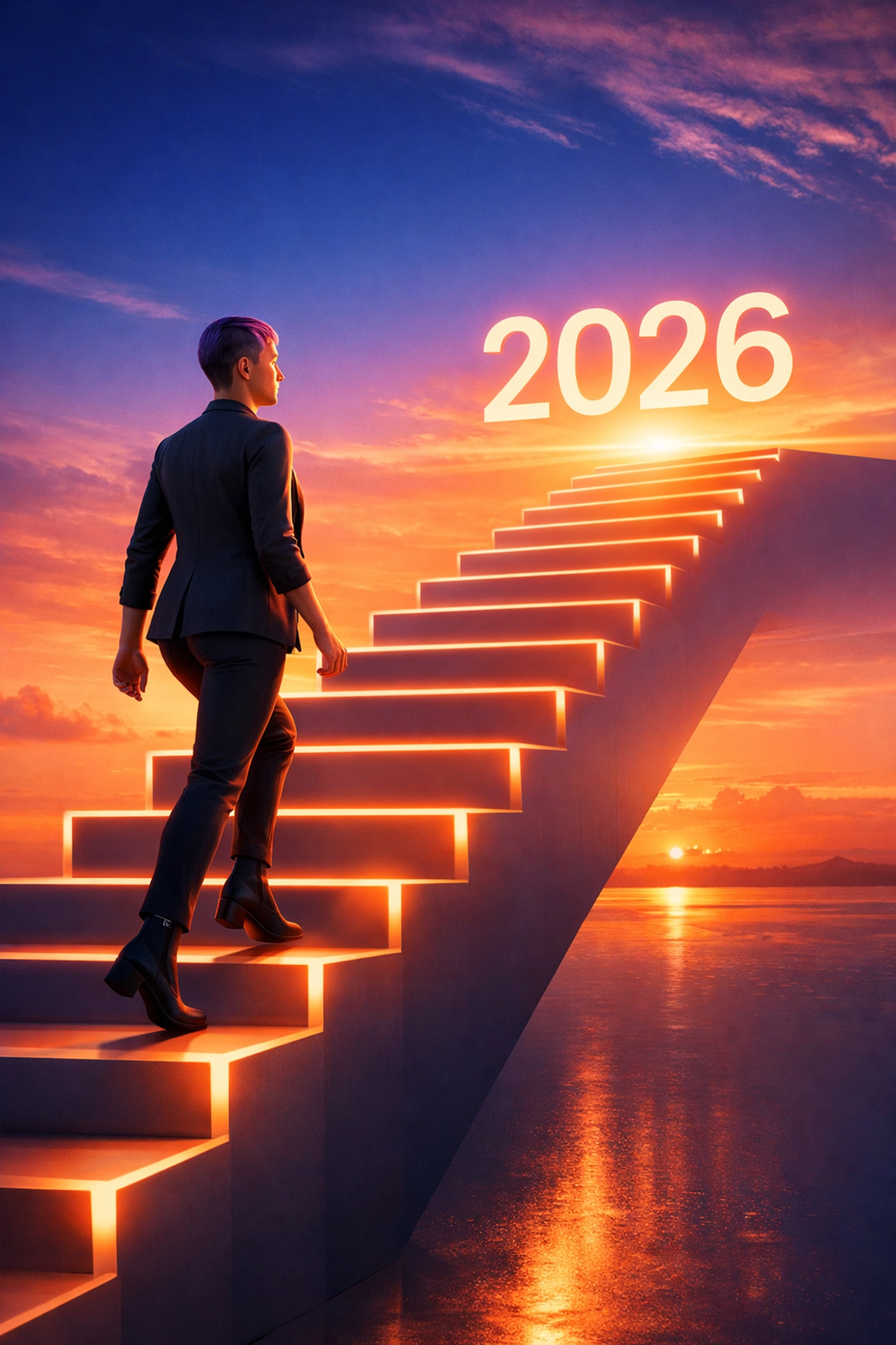 Queer professional climbing a glowing staircase to represent career growth and success in 2026.