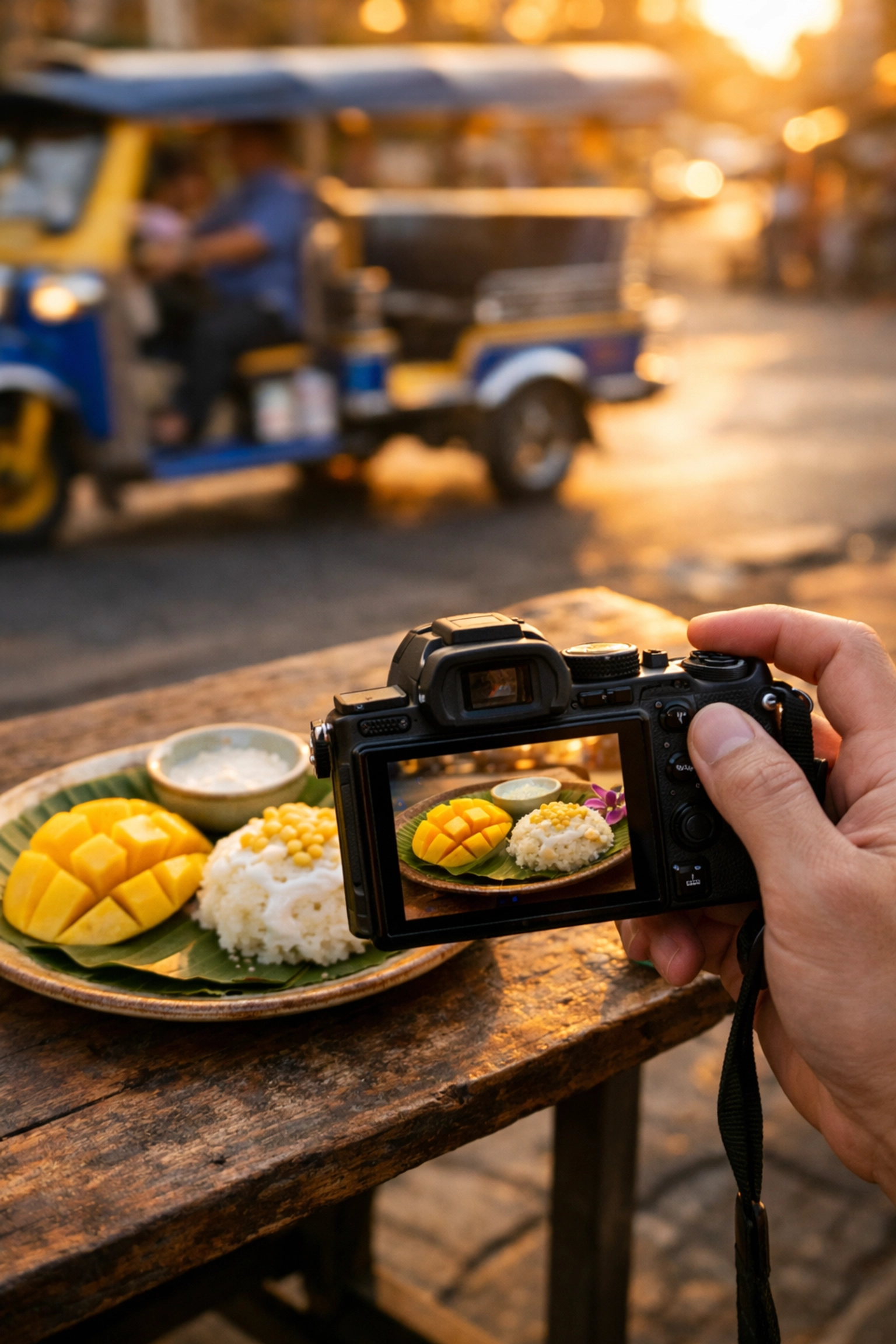 A photographer capturing a plate of mango sticky rice, one of the best cheap eats in Bangkok for food lovers.