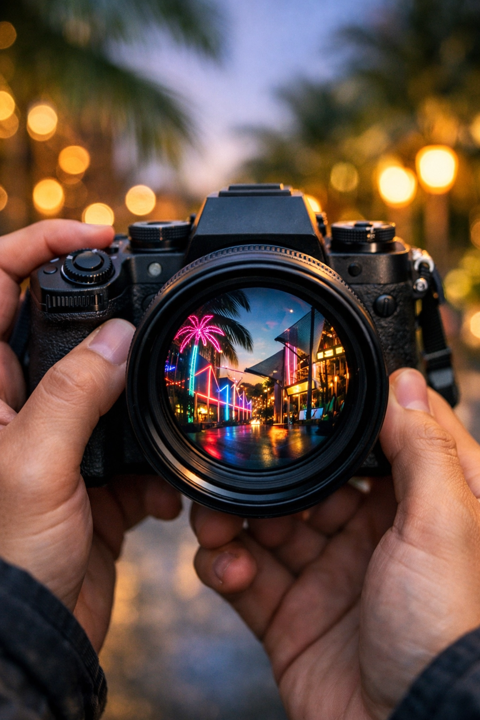 Commercial photographer capturing a branding session in the vibrant Miami Design District at sunset.