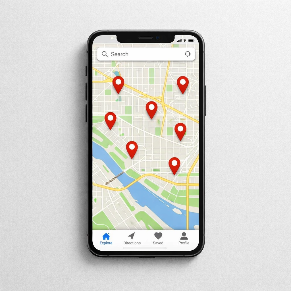 Mobile map application displaying multiple service area location pins