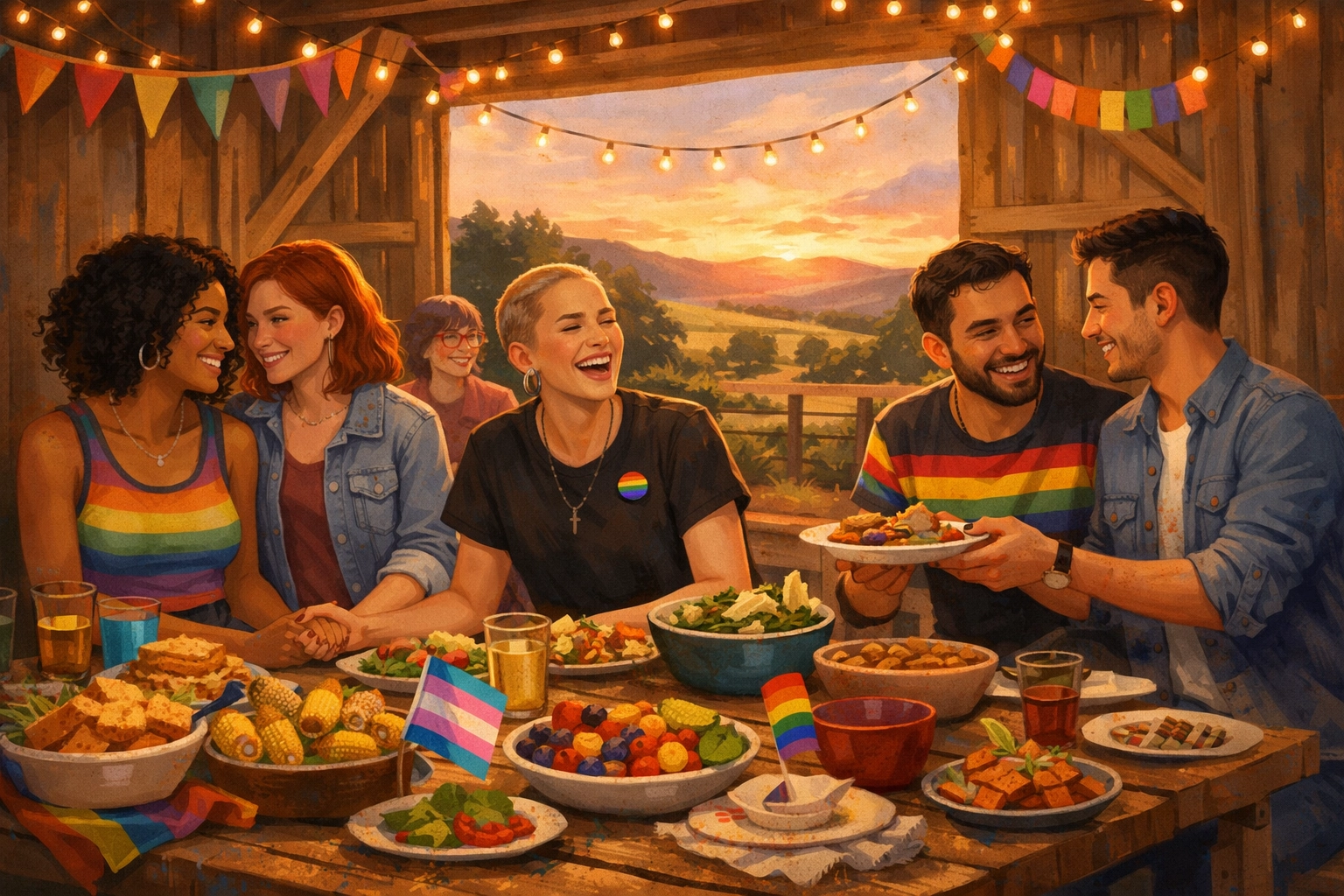 LGBTQ+ community gathering at rural barn potluck celebrating small town pride