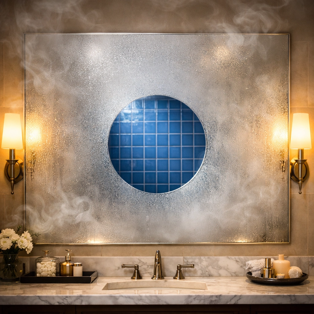 A luxury bathroom mirror with a fog-free clear spot among steam and condensation.