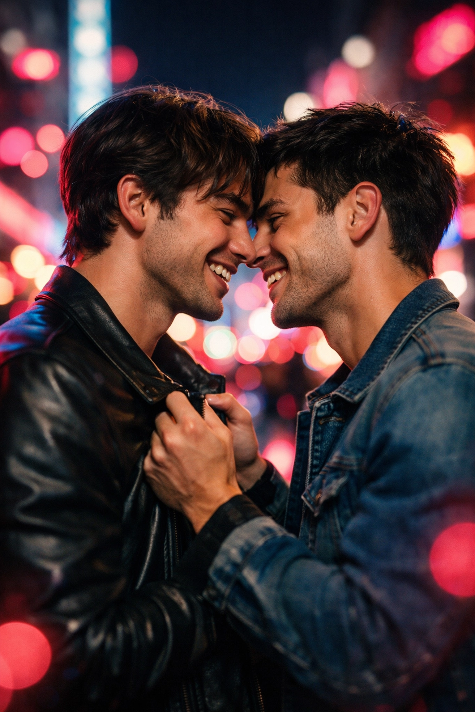 Romantic gay couple sharing an intense moment on a city street, representing the honeymoon blending phase.