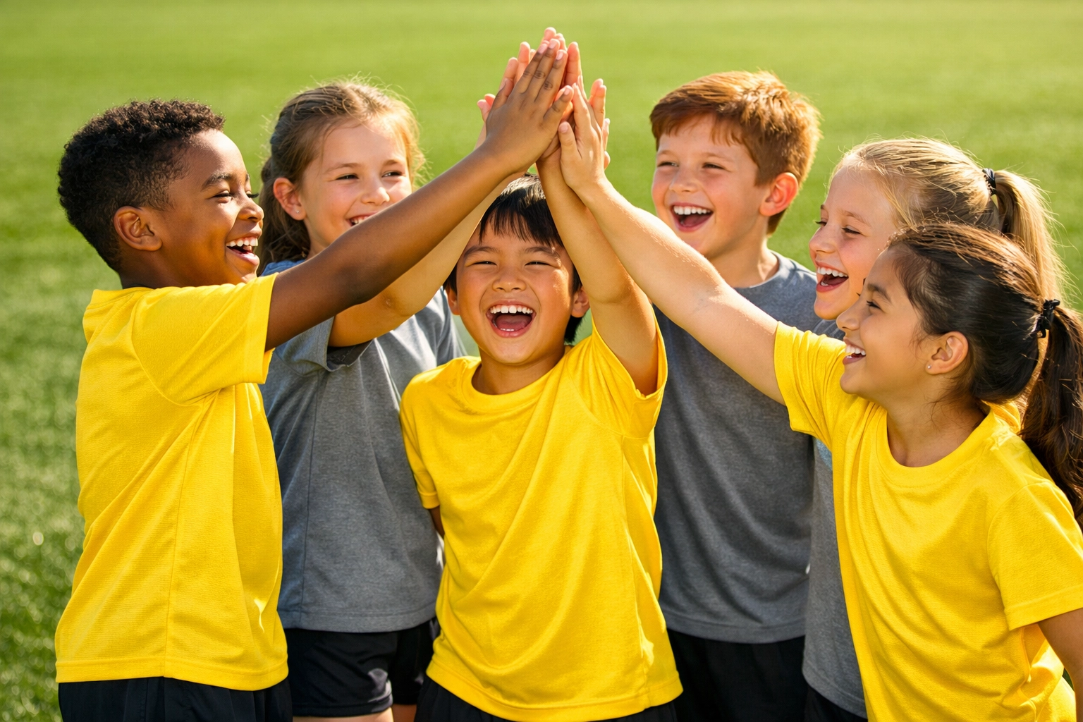 Group of kids in custom athletic t-shirts high-fiving on a sports field, showcasing youth sports branding.