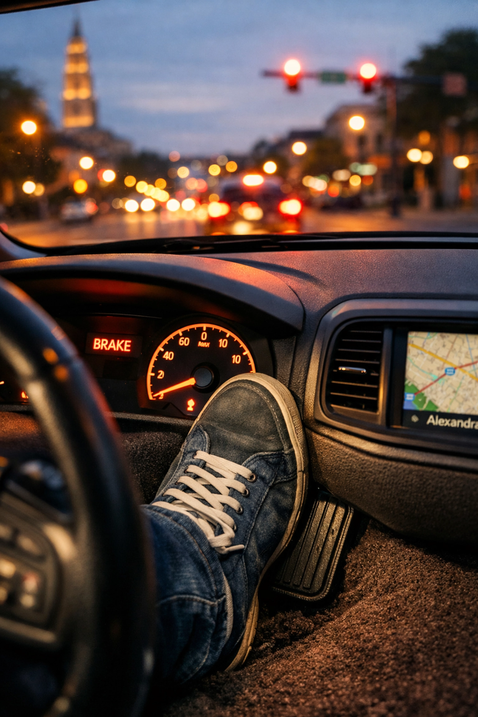 Driver pushing a spongy brake pedal to the floor, a sign your car needs a mechanic in Alexandria, VA.