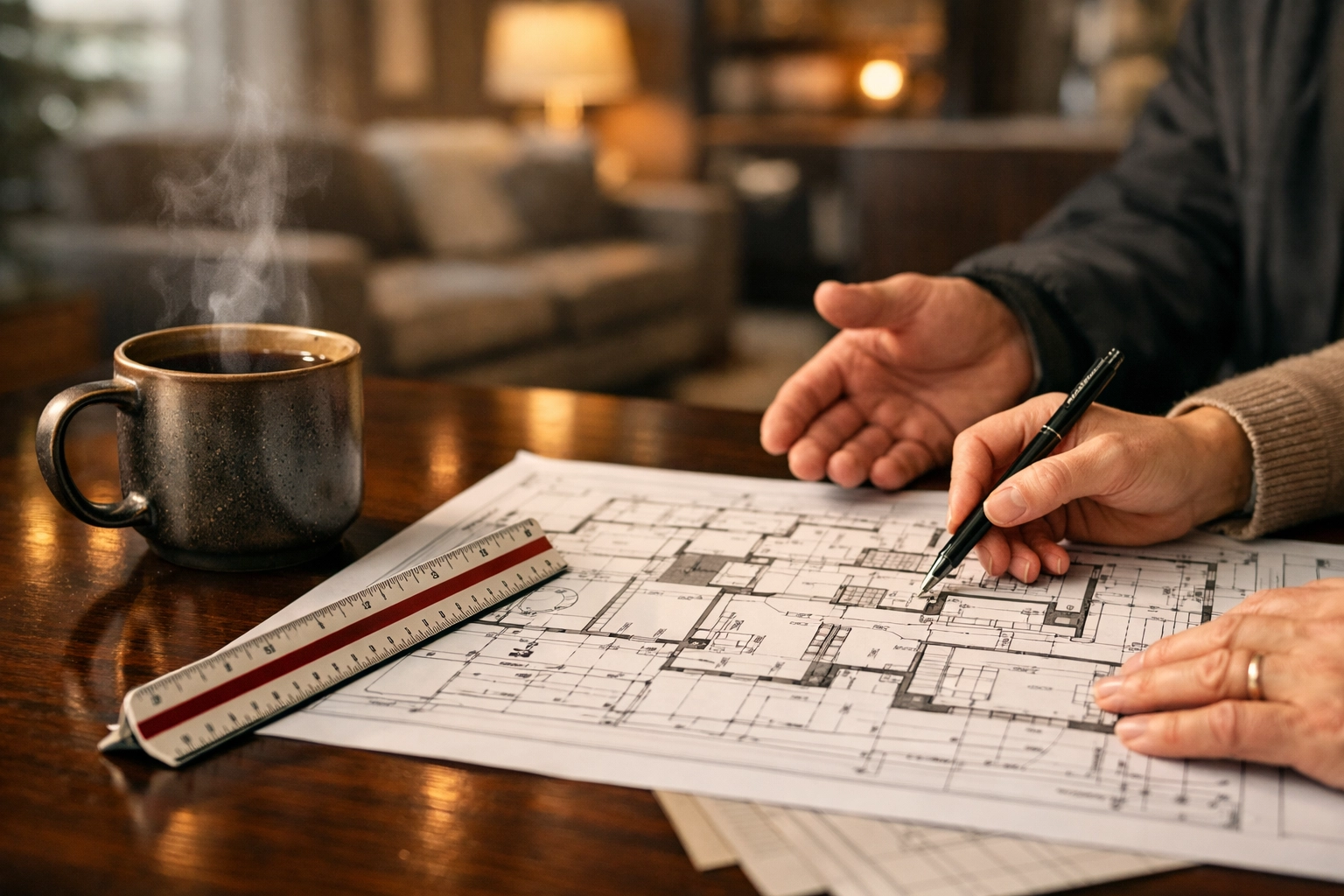 House extension blueprints and a surveyor's ruler on a table, representing a professional party wall award.