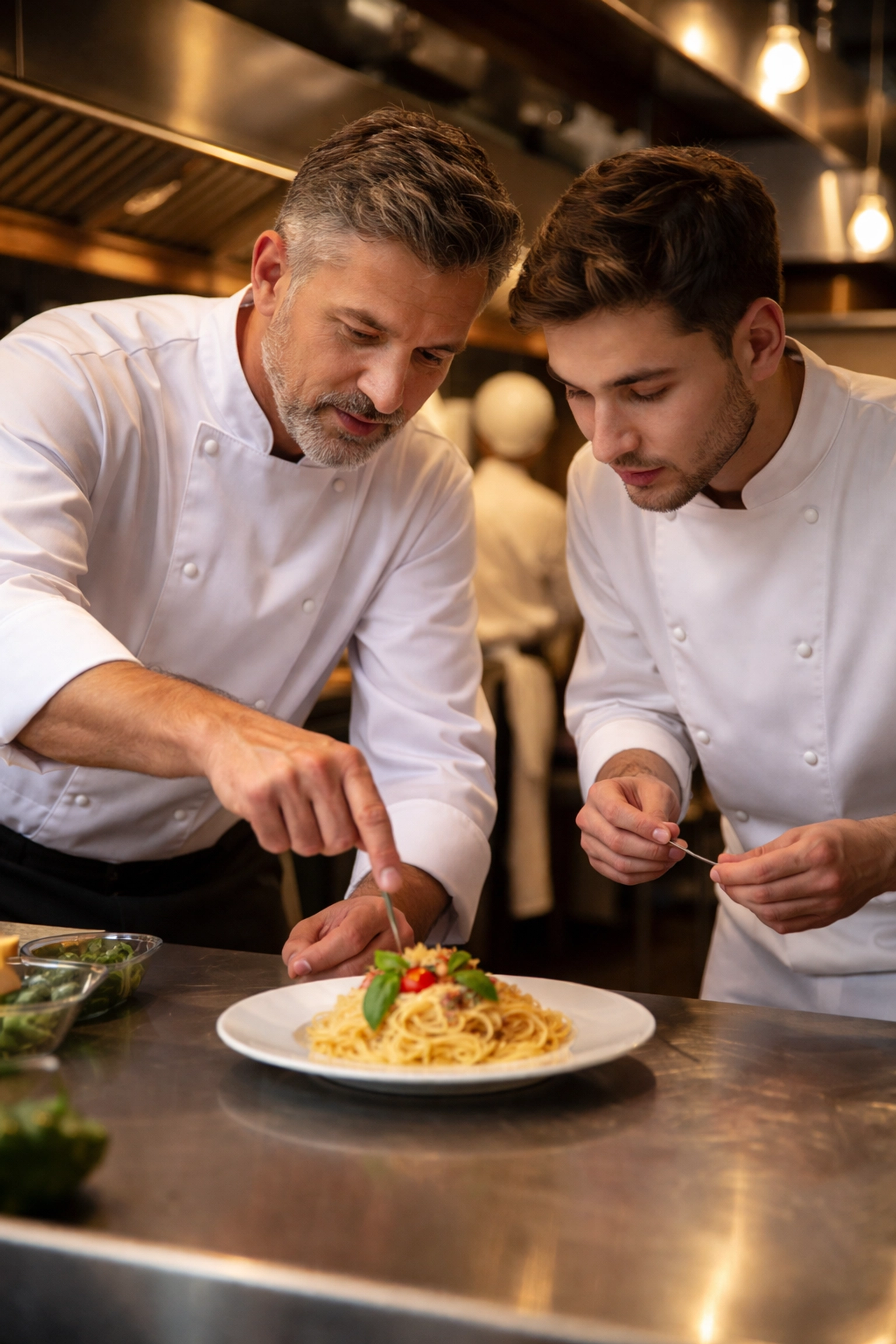 Head chef training a line cook on efficient plating in a modern restaurant kitchen, highlighting SOPs and labor cost management.