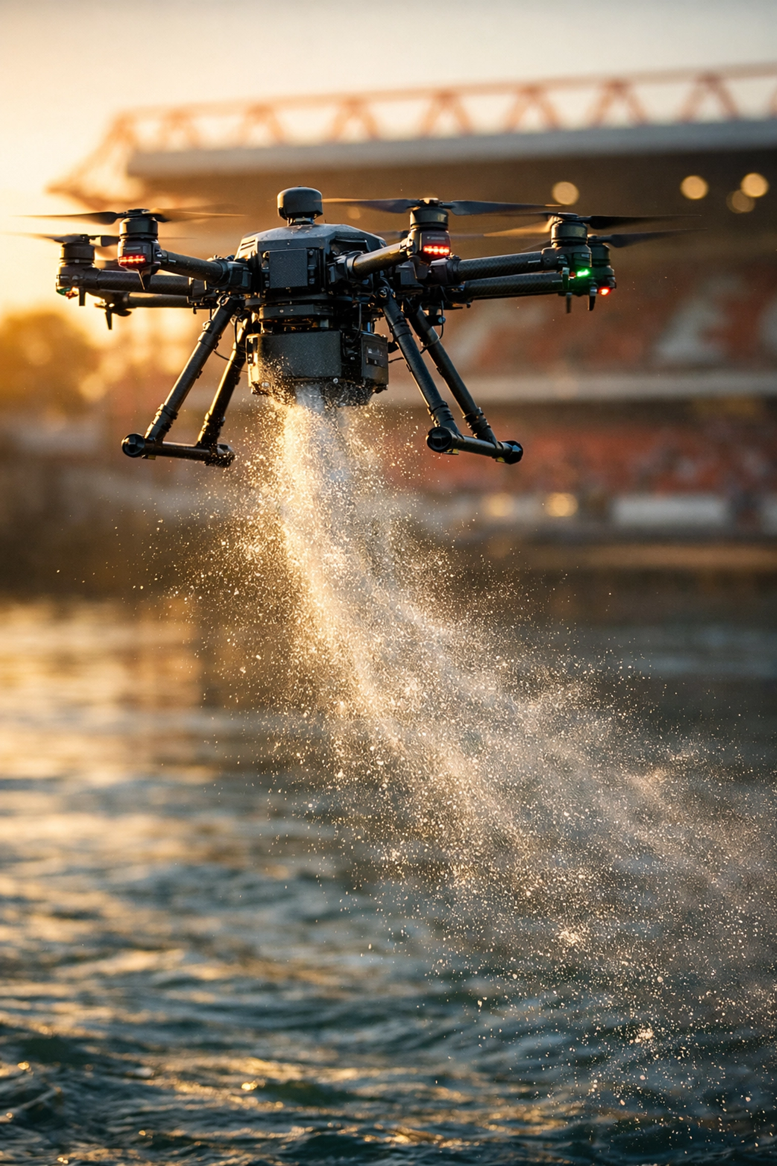 Drone ash scattering over the River Trent with a view of the City Ground stadium in Nottingham.