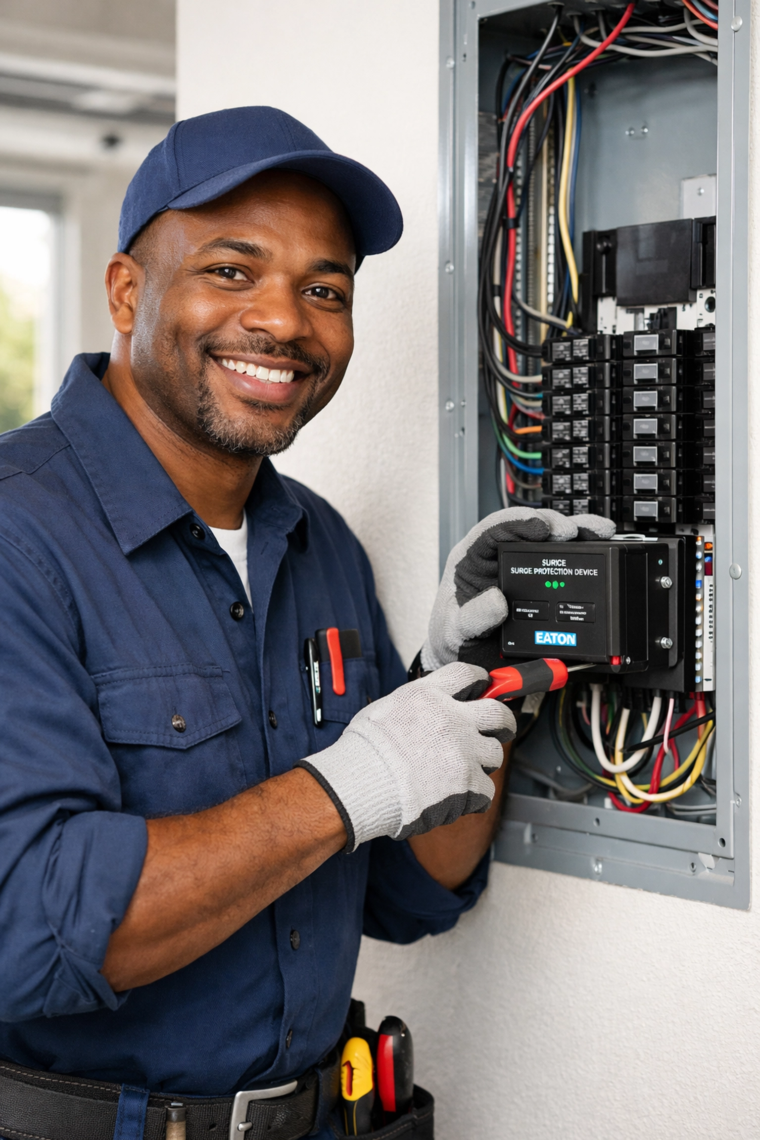 Electrician installing whole-home surge protector at residential electrical panel in Gwinnett County