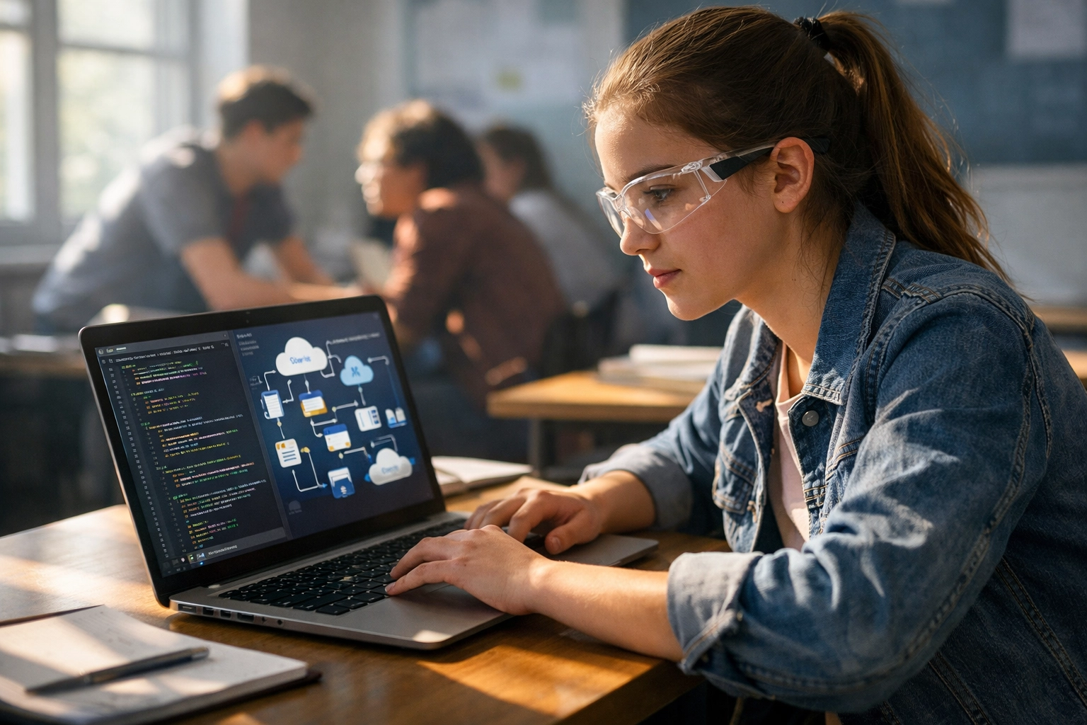 High school student learning cloud computing and data analytics skills on laptop