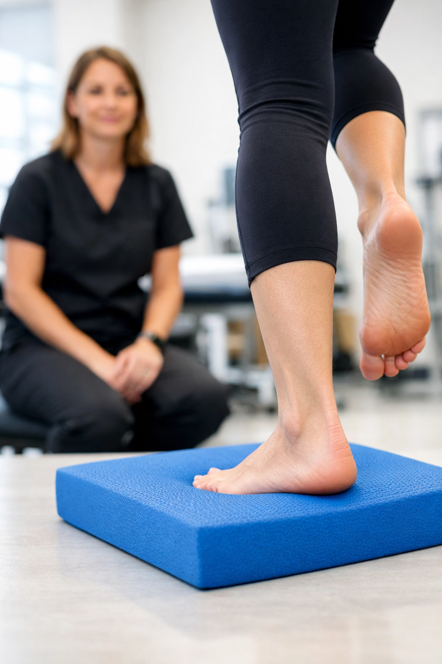 Patient performing a therapeutic balance exercise to address the root cause of chronic pain.