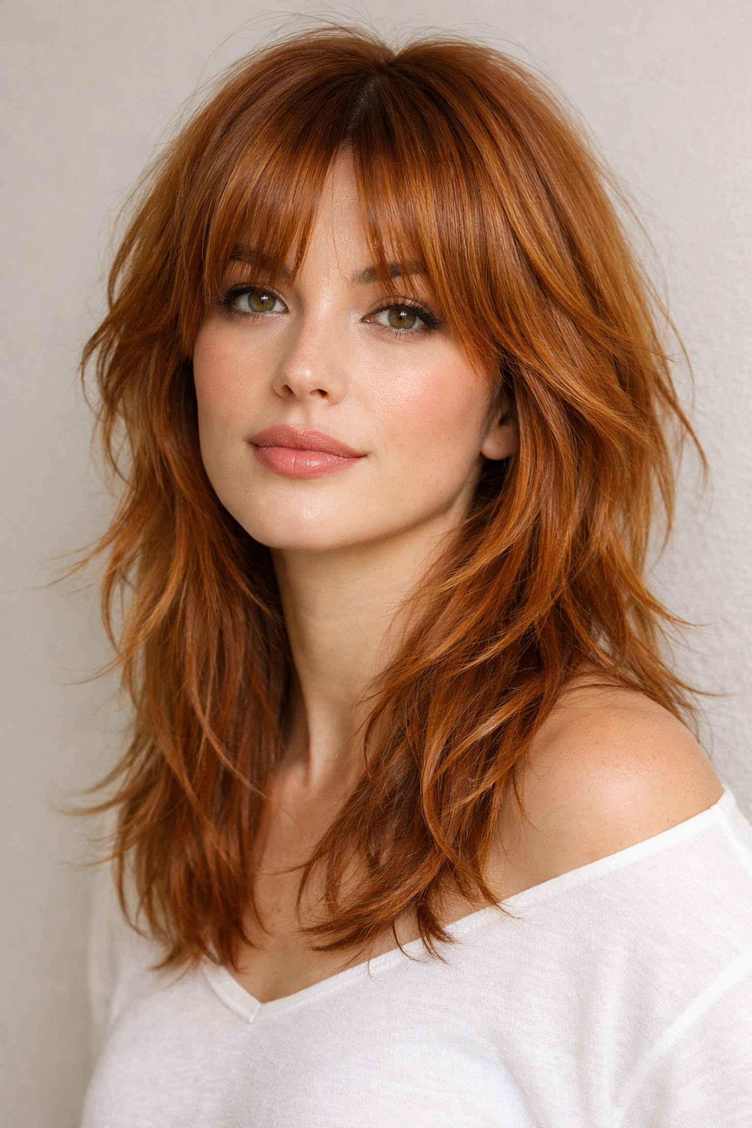 Trendy copper shag haircut with curtain bangs, a popular 2026 hair trend in Concord NH.