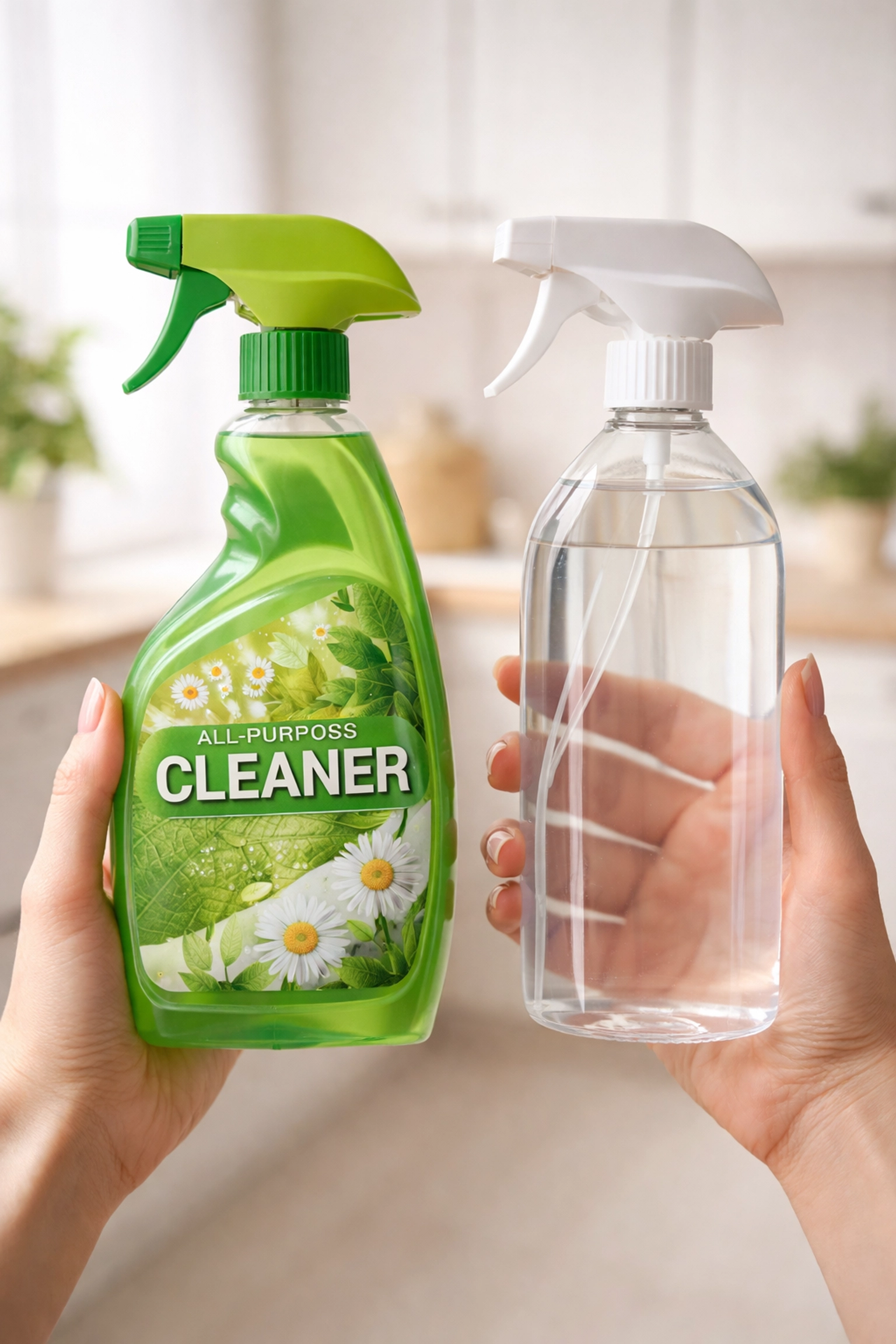 Hands comparing green-marketed cleaner with transparent eco-friendly cleaning product in kitchen