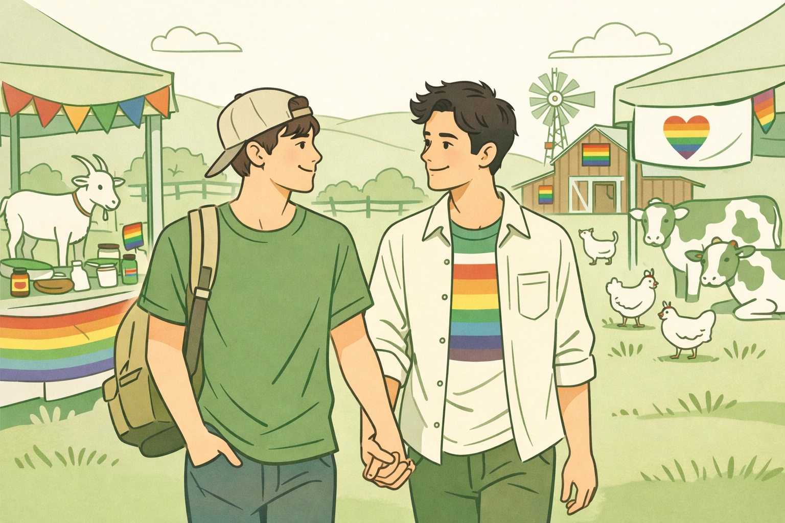 Two men holding hands at farm sanctuary Pride celebration with rescued animals
