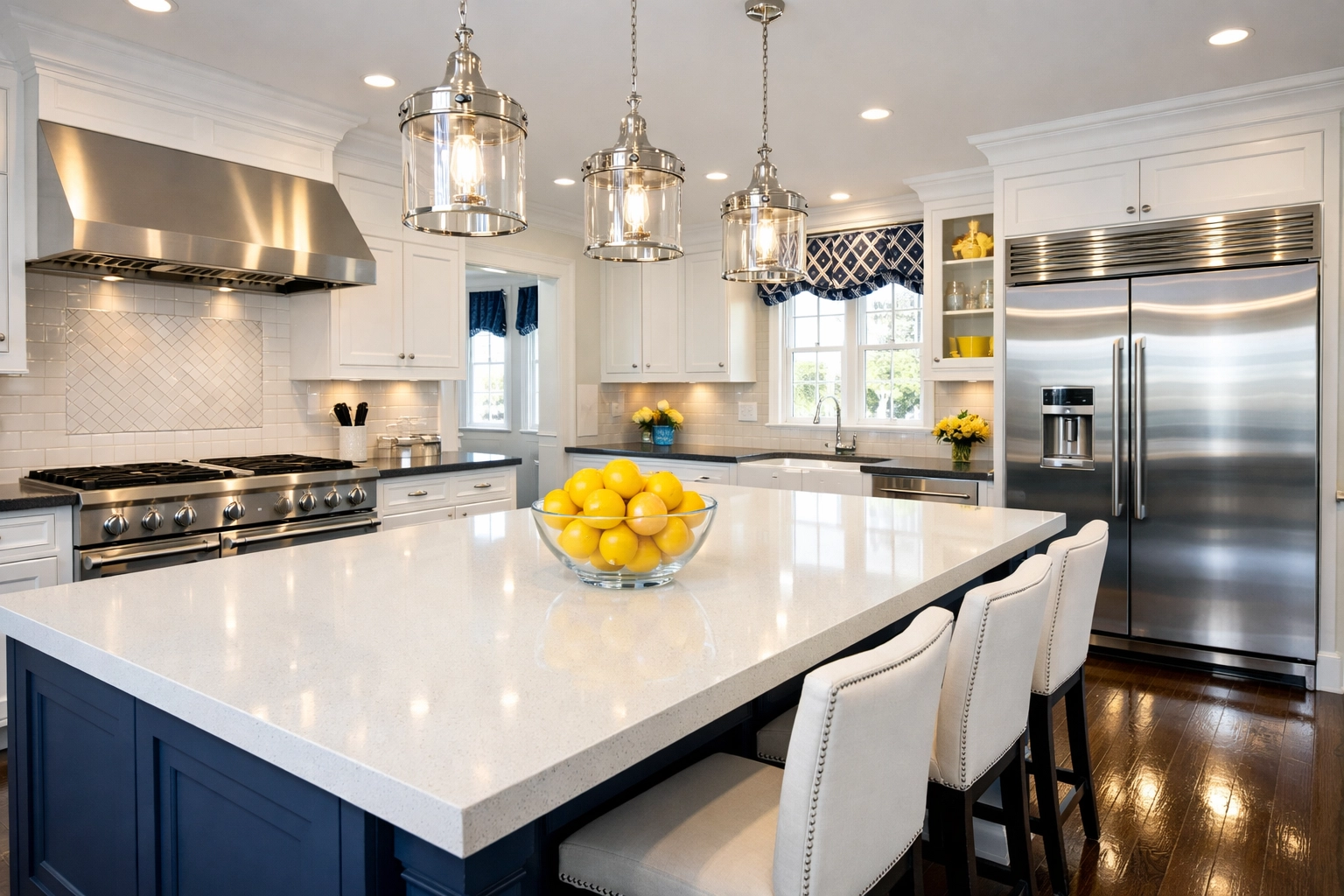 A spotless, organized luxury kitchen showing the results of professional deep cleaning in Boxford.