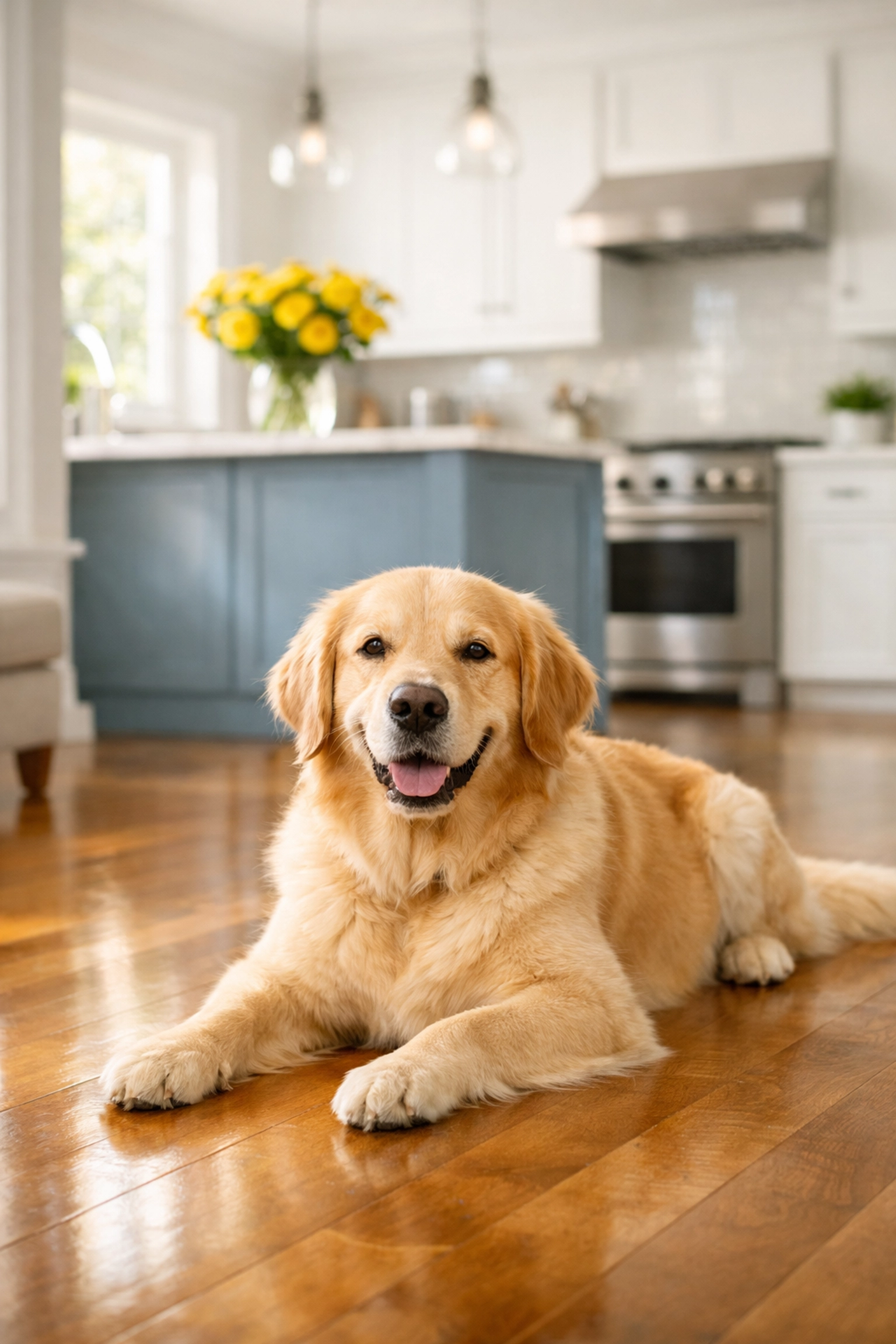 Golden retriever resting on a clean hardwood floor cleaned with pet-safe eco-friendly products.