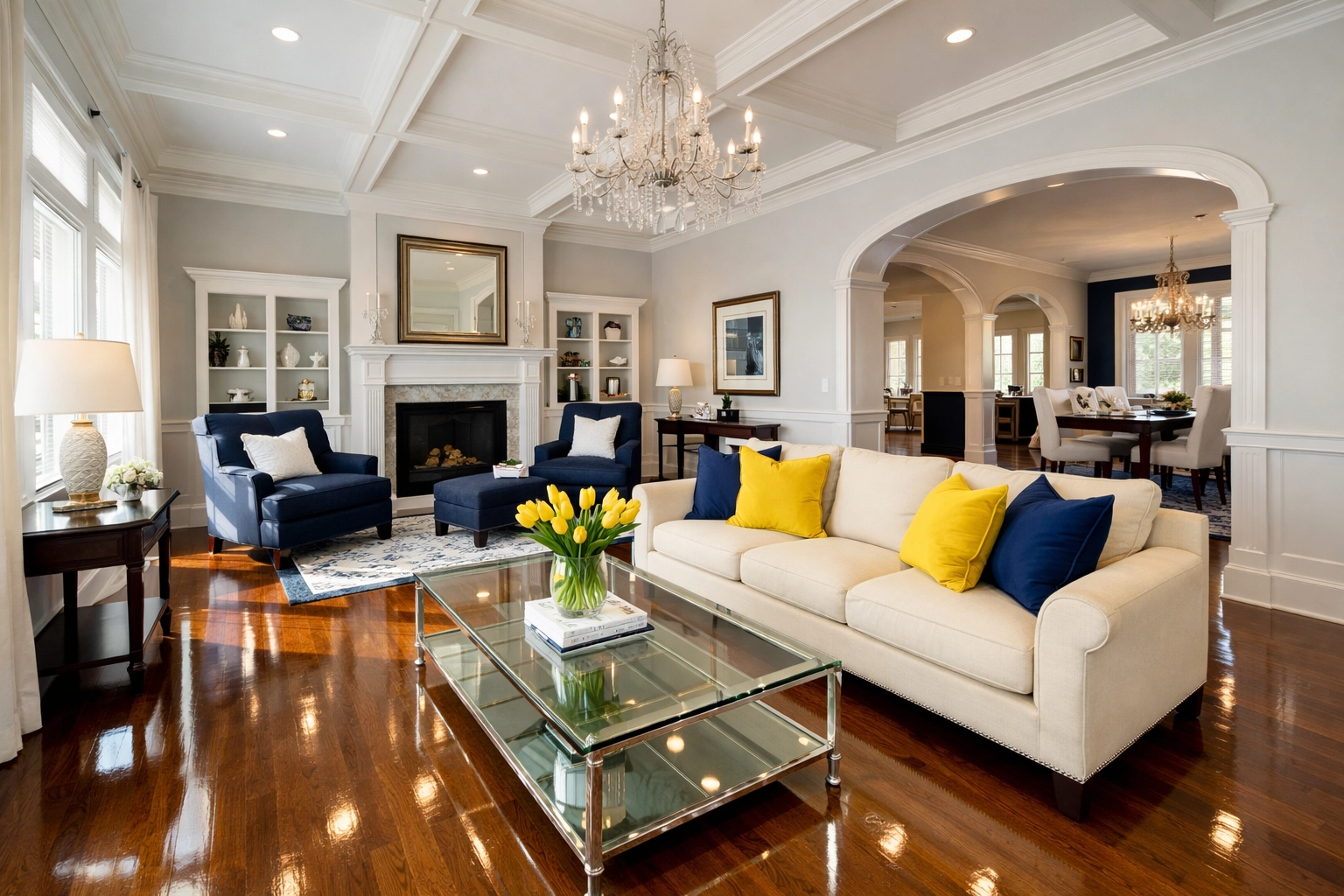 Sunlit luxury living room with polished hardwood floors cleaned by a professional maid service Worcester.