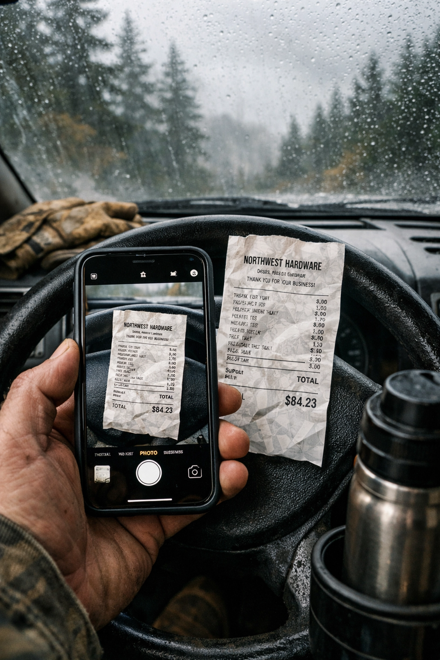 Hand capturing a digital receipt photo in a work truck, simplifying bookkeeping for Oregon contractors.