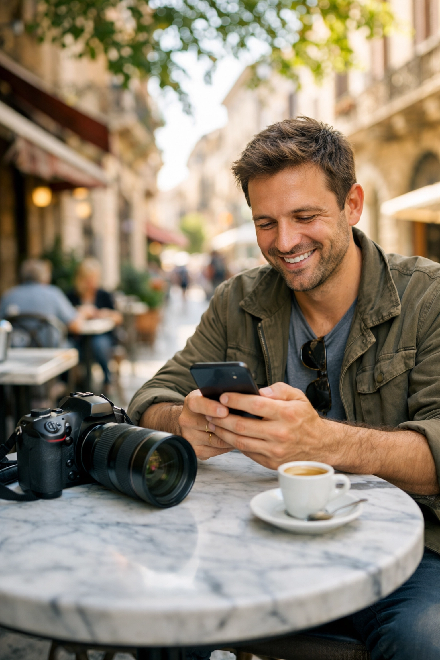 Travel photographer booking photography work on a smartphone at a European street cafe.