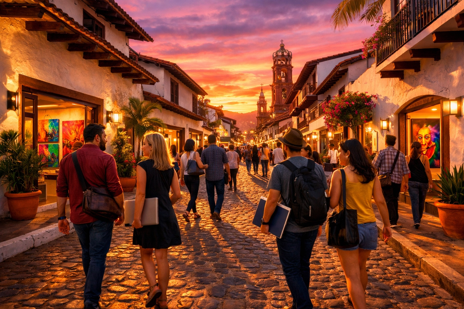 Old Town Puerto Vallarta Art Walk with digital nomads exploring galleries at golden hour