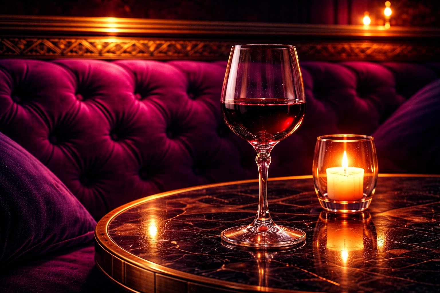 Intimate wine bar interior with moody lighting, copper ceiling, and plush velvet chairs at Rebel Wine Bar in Fort Lauderdale.