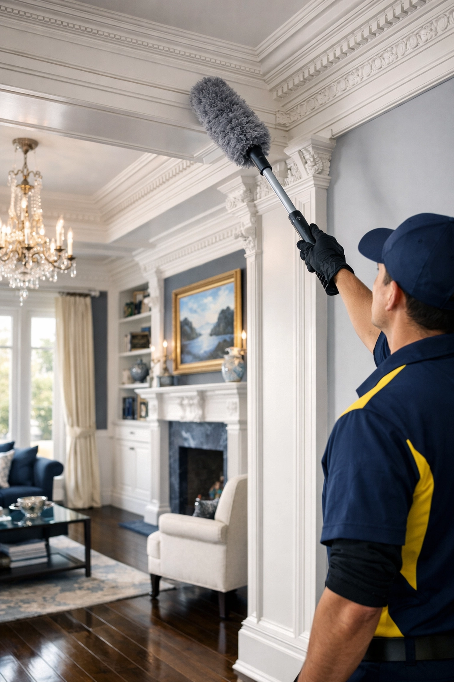 Professional deep cleaning Worcester specialist dusting architectural details in a historic home.